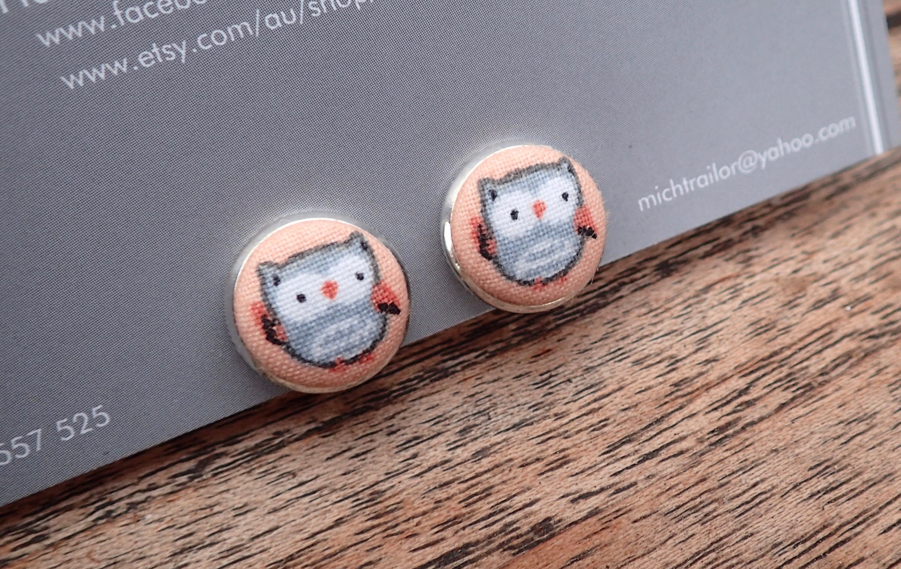 Small Owl fabric button earrings/studs or clip ons