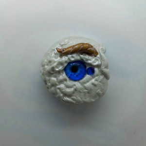 May include: A white, textured, round eyeball with a blue iris and a brown eyebrow.