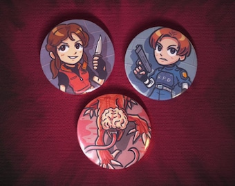 Leon, Claire and Licker Button Badges | Resident Evil 2 inspired
