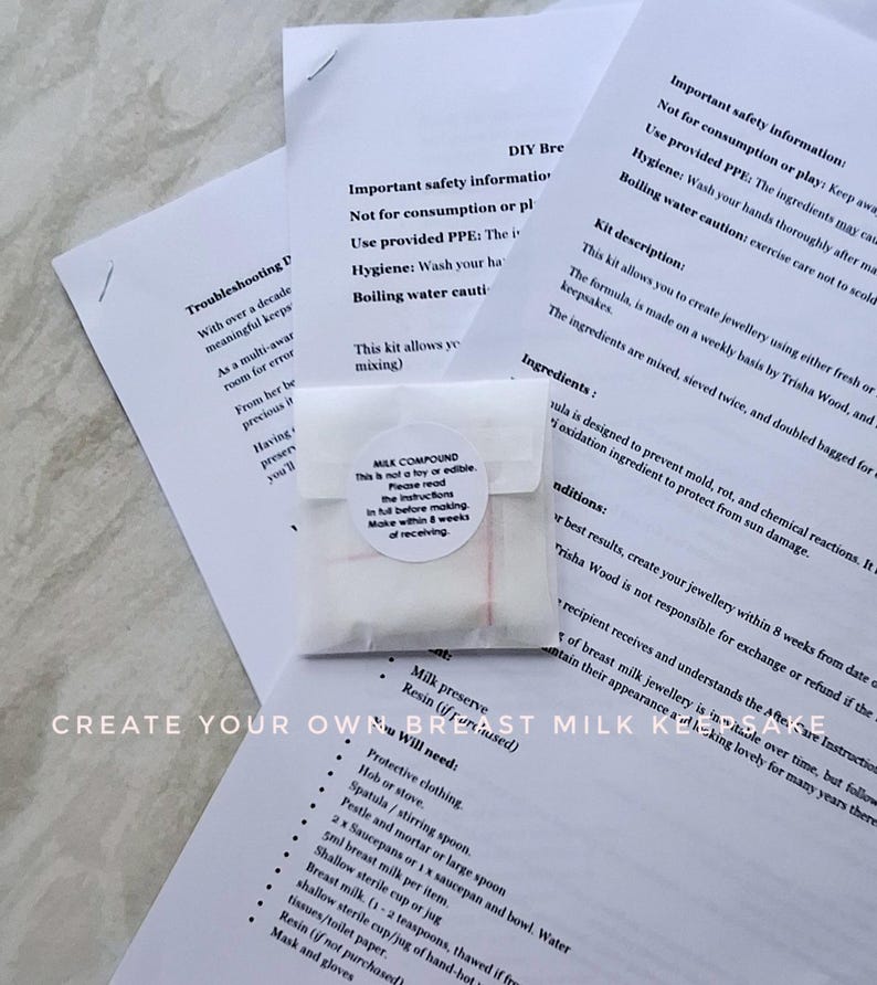 DIY breast milk jewellery kit, DIY breast milk jewellery kit, breast milk soap, coconut milk, coconut oil, Created by Trisha Wood. Trisha Trisha Wood creates and makes DIY breast milk jewellery kits and broken china jewellery, ideal for new mum gifts