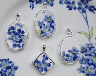 Forget-Me-Not China Pendant, diamond shaped Sterling Silver, Recycled Bone China, anniversary gift, something blue,  broken china jewellery