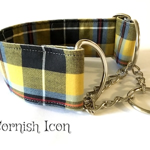May include: A yellow, blue, green and red tartan dog collar with a silver chain and a silver ring. The collar is labelled "Cornish Icon".