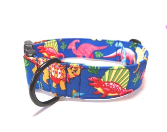 Blue Dinosaur Dog Collar, collar with side release buckle, Clip Collar