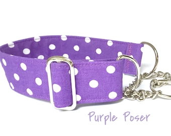 Purple Polka Dot Chain Martingale Collar, Large Breed Collar, Half Check Collar