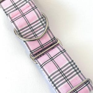 May include: A pink and black plaid dog collar with silver hardware.