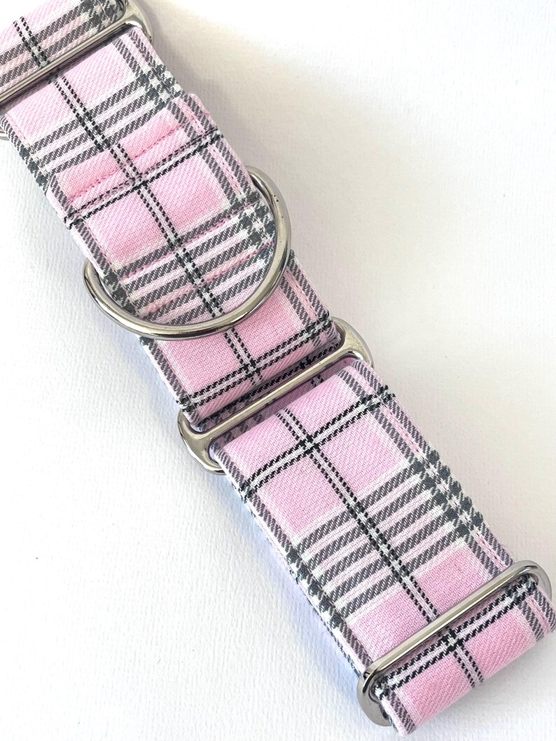 May include: A pink and black plaid dog collar with silver hardware.