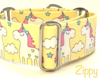 Yellow Unicorn Martingale Dog Collar, Greyhound Collar, Lurcher Collar, Sighthound Collar, longdog Collar, Large Breed  Collar, Iggy Collar