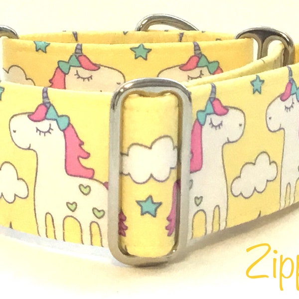 Yellow Unicorn Martingale Dog Collar, Greyhound Collar, Lurcher Collar, Sighthound Collar, longdog Collar, Large Breed  Collar, Iggy Collar