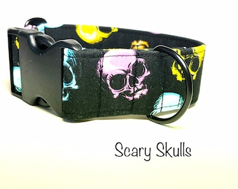 Halloween Black Skulls Dog Collar, Large Breed Collar, collar with clip, collar with side release buckle