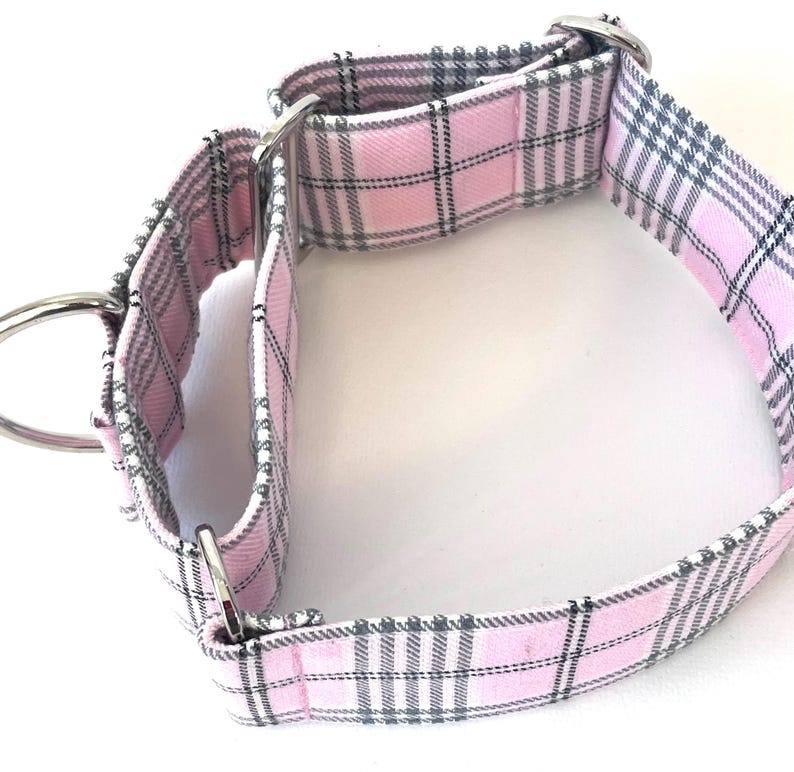 May include: Pink and gray plaid dog collar with a silver buckle and D-ring.