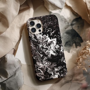 Frosted Noir Tough iPhone Case | Elegant Marble Swirl Phone Cover | Black & Porcelain Marmor Design | Glossy Protective Case for iPhone