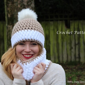 CROCHET HAT and Cowl pattern Snow bobble effect crochet pattern Winter hat pattern Bobble hat pattern Crochet Cowl pattern Pom pom hat image 1