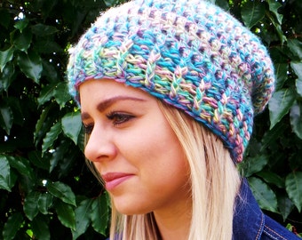 WOMENS SLOUCHY BEANIE Crochet pattern, Quick and Easy Crochet Hat Pattern One ball of yarn! Colourful crochet hat pattern Crochet pattern Uk
