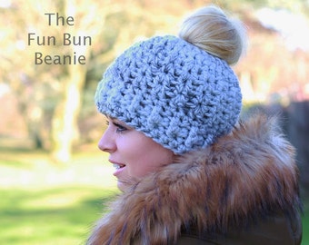 Fun Bun Beanie Crochet Pattern Messy Bun Beanie crochet pattern Pony Tail Beanie crochet pattern Bun Hat crochet pattern Sizes 3 Yrs - Adult