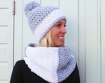 WOMENS CROCHET HAT pattern Crochet Cowl pattern Winter hat pattern Bobble hat pattern Cowl crochet pattern Pom pom hat Instant download -Usa