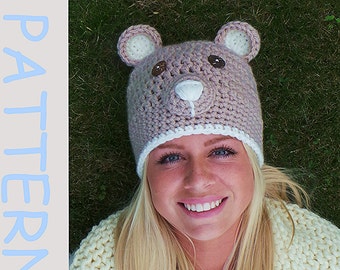 CROCHET HAT PATTERN Brown Bear Hat pattern Chunky crochet hat pattern Bear ears hat pattern - comes in 8 sizes! Womens hat pattern pdf Usa
