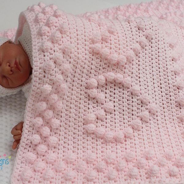 GEHAAKTE DEKENPATROON - Bobbels en harten - Patroon voor babydeken - Inclusief stapsgewijze foto-tutorial, een grafiek en schriftelijke instructies