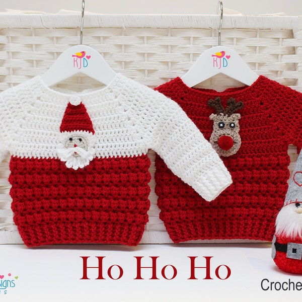 CHRISTMAS JUMPER Crochet Pattern - With Santa and Reindeer Appliques - includes Photo Tutorial, 9 sizes up to 8 years, Easy sweater pattern