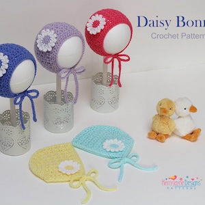 Crochet Bonnet Pattern - Daisy Bonnet  Crochet pattern - Sizes Newborn up to 2 years, Step by step photo tutorial, Beautiful photos included
