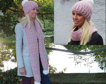 CROCHET PATTERN - Snuggly Pom Pom Hat and Cowl Pattern Crochet Hat Pattern crochet Scarf Pattern Ladies crochet pattern Kerry Jayne Designs