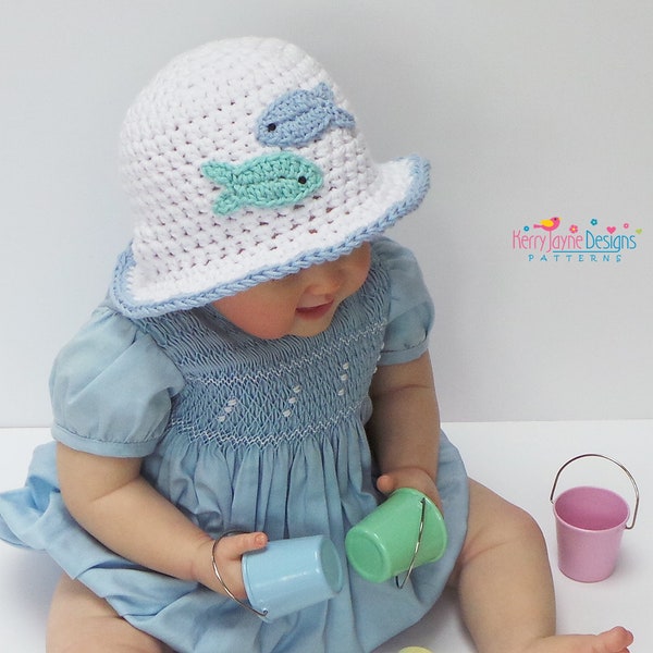 Crochet Pattern LITTLE FISHY HAT Sun Hat Pattern - Cotton Crochet Hat Pattern Summer Hat Pattern - Crochet hat comes in 7 sizes Dolly - Teen