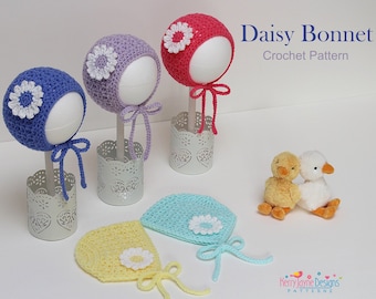 Crochet Bonnet Pattern - Daisy Bonnet  Crochet pattern - Sizes Newborn up to 2 years, Step by step photo tutorial, Beautiful photos included