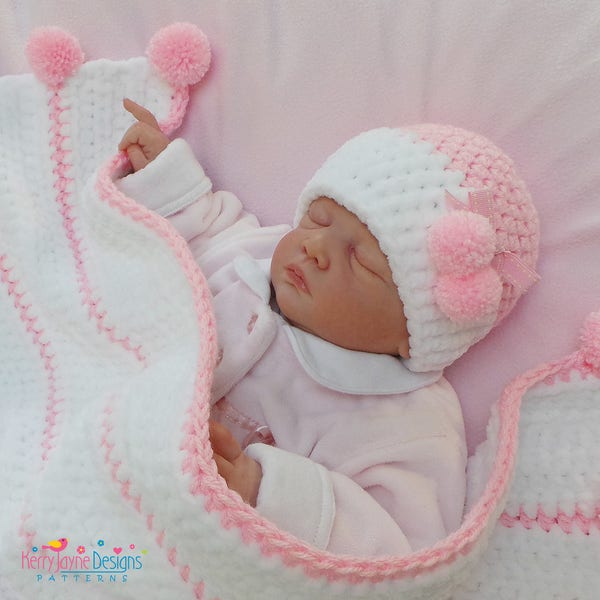 Crochet Blanket Pattern - Posh Poms - Baby Blanket and Hat set crochet Pattern - Chenille Baby Hat pattern in 7 sizes from preemie - 5 years