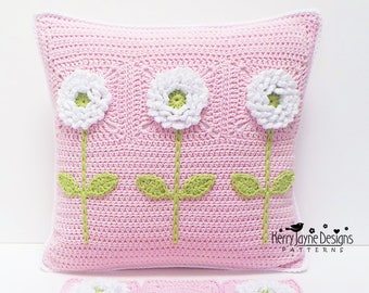 CROCHET PILLOW PATTERN - Delightful Dahlias - Crochet Cushion Pattern Granny Square Pattern, Flower crochet pattern Crocheted Pillow pattern