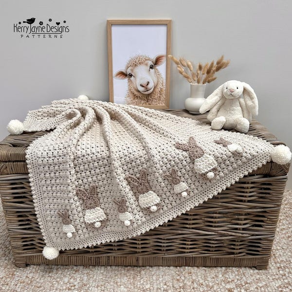 BABY BLANKET Crochet Pattern - Bunny Parade Blanket - Includes 2 Tutorials for Blanket and Bunnies 2 sizes included - PDF Crochet Pattern