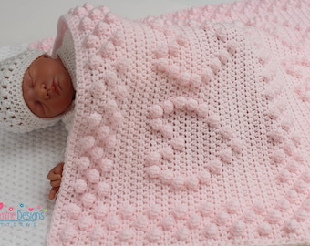 CROCHET BLANKET PATTERN - Bobbles and Hearts - Baby Blanket Pattern - Includes Step By Step Photo Tutorial, a Graph and written instructions