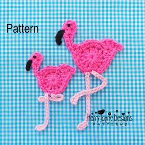 May include: Two pink crocheted flamingo ornaments on a blue and white gingham background. The word "Pattern" is at the top of the image. The smaller flamingo is on the left and the larger flamingo is on the right.