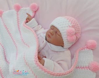 Crochet Blanket Pattern - Posh Poms - Baby Blanket and Hat set crochet Pattern - Chenille Baby Hat pattern in 7 sizes from preemie - 5 years