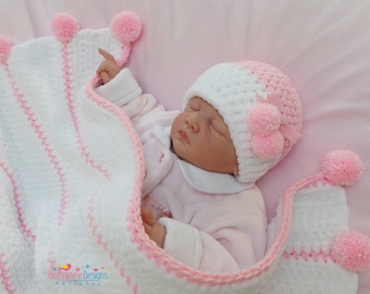 Crochet Blanket Pattern Posh Poms Baby Blanket and Hat set crochet  Pattern Chenille Baby Hat pattern in sizes from preemie years