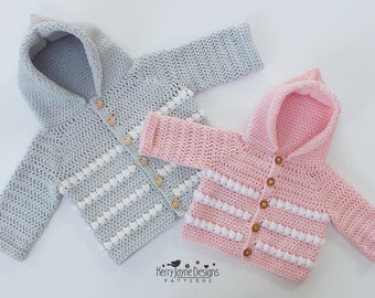 Digital PDF Crochet Pattern - Hooded Baby Jacket Pattern - My First Hoodie - Unisex Hooded Baby Cardigan, Tutorial, 5 Sizes up to 2 years