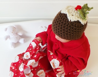 MUMMY'S LITTLE PUDDING - Christmas Pudding Crochet hat Pattern - Baby Hat Crochet Pattern - 3 sizes - Newborn 0 - 6 months 6 - 12 months Uk