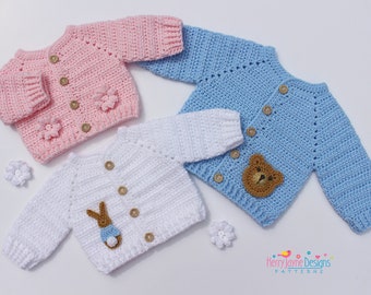 CARDIGAN AU CROCHET - Fleurs, lapins et oursons - Pour bébés et enfants - 7 tailles de nouveau-nés jusqu'à 5 ans - Tutoriel photo inclus