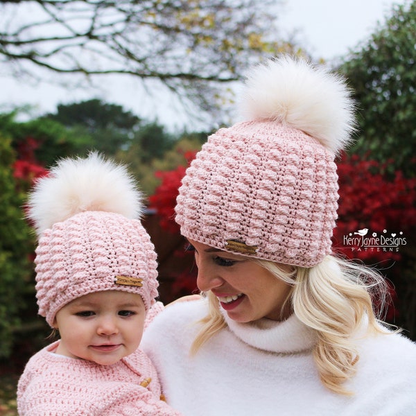 Crochet Hat Pattern - Mummy and Me Hat Crochet Pattern Pure Puffs Beanie - 10 sizes Baby - L Adult - Step by step photo tutorial Puff stitch