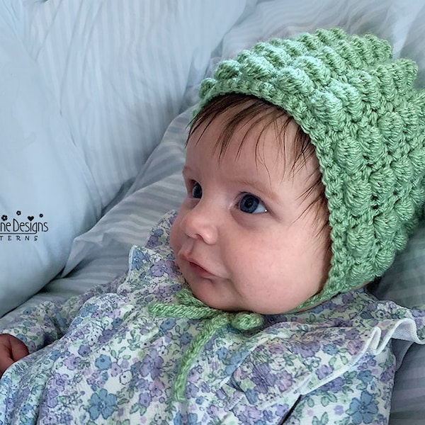 Crochet Bonnet Pattern - Baby Bonnet crochet pattern Puff stitch - Sizes Baby up to 5 yrs - Step by step photo tutorial, Puff stitch crochet