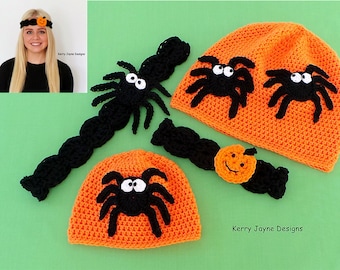 Halloween UK CROCHET PATTERN Hat Patterns Halloween Pumpkin Pattern Spider Crochet Pattern Halloween headband Pattern Includes 9 sizes