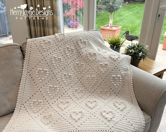Baby Blanket and Sofa Throw Crochet Pattern, Filet stitches and Bobble hearts, DK or Aran weight blanket , Graph to print, Photo Tutorial.