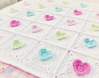 All HEART Crochet Blanket Pattern Baby blanket pattern Crochet heart pattern Heart Blanket pattern Afghan Granny Square Blanket Pattern NO.7