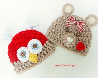 OWL AND TEDDY Hats, Christmas crochet pattern, Christmas Duo Pattern By KerryJayneDesigns, 8 sizes - Newborn - Adult Instant download Pdf Uk