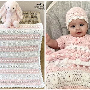 DAISY BLANKET and HAT Crochet Pattern Includes a beautiful, step by step follow Photo Tutorial, Pretty Baby Blanket and Hat - 6 sizes incl.