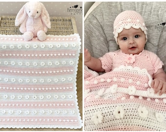 DAISY BLANKET and HAT Crochet Pattern Includes a beautiful, step by step follow Photo Tutorial, Pretty Baby Blanket and Hat - 6 sizes incl.