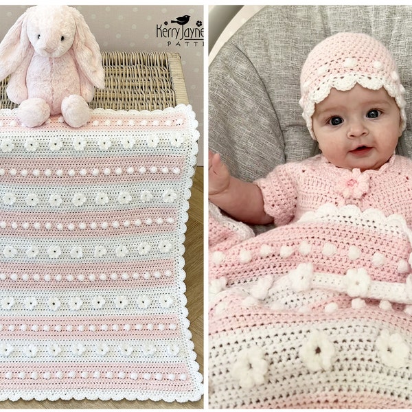DAISY BLANKET and HAT Crochet Pattern Includes a beautiful, step by step follow Photo Tutorial, Pretty Baby Blanket and Hat - 6 sizes incl.