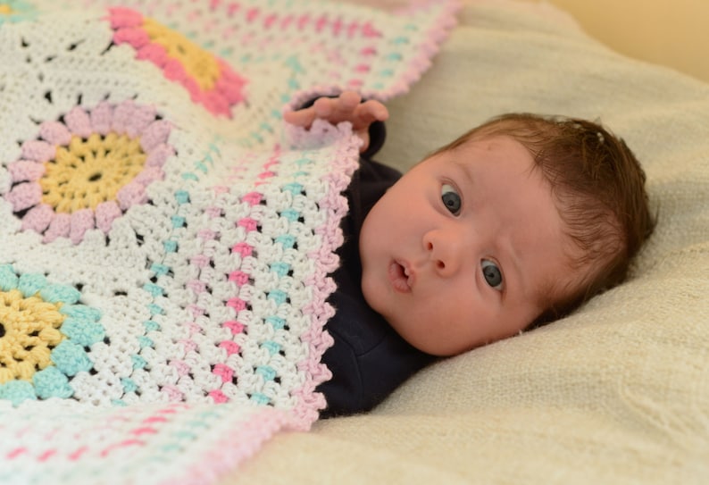 Sunshine Granny Square Blanket crochet baby blanket pattern listing photo by KerryJayneDesigns