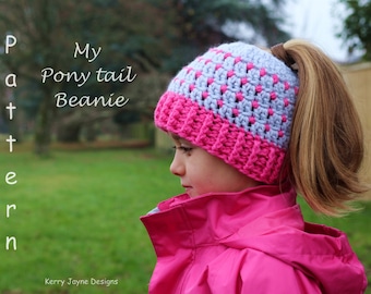 PATTERN - My Pony tail hat Crochet Pattern with * PHOTO TUTORIAL * Messy Bun Beanie crochet pattern * 5 Sizes From 18 m -  Adult * Instant