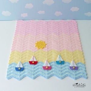 BOAT BLANKET Crochet Pattern Easy to crochet Baby Blanket Bobbing Boats Photo Tutorial Baby Boy, Baby girl, Size may be altered. image 2