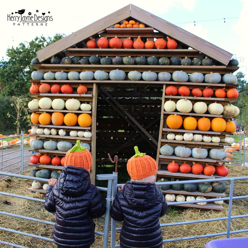 May include: Two children wearing knitted pumpkin hats stand in front of a wooden structure decorated with pumpkins of various colors and sizes. The structure is shaped like a house with a peaked roof and a door opening in the front. The pumpkins are arranged in rows on shelves, creating a colorful and festive display.