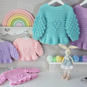 CROCHET PATTERN Baby and Girls Sweater Pattern - Bobble Sleeves, Bobble Heart - Photo Tutorial and Graph - Sizes 0-3 Months up to 10 Years